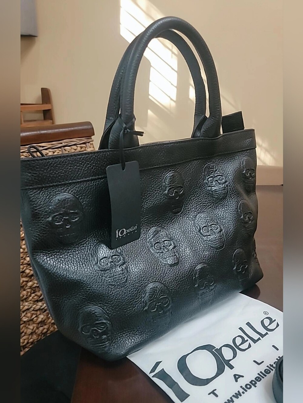 IO PELLE - Black Embossed Skull Leather Tote